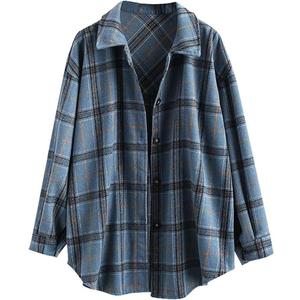 ZAFUL Women's Plaid Long Sleeve Shirt Button Down Thin Jacket Casual Flannel Plaid Shacket with Pocket (Large, Blue-3)