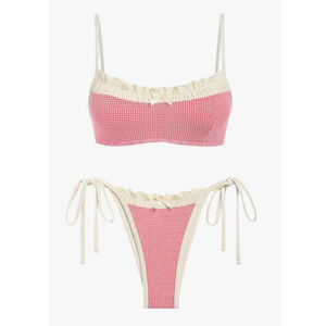 ZAFUL Bikini Sets for Women Plaid Ruffles Trim Swimsuit Sexy Tie Back Bowknot Triangle High Cut Tie Side Thong Bathing Suit S