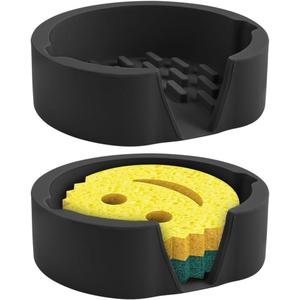 Sponge Holder Silicone for Kitchen Sink Caddy Compatible with Scrub Daddy Holder Quick Drying Kitchen Accessories for Dish Brush Dish Wand Scrub Mommy (Black, 2PCS)