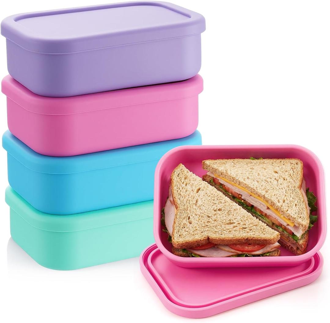 Layhit 4 Pcs Silicone Bento Box Lunch Box for Adult, 23.7 oz Reusable Sandwich Containers Food Storage with Lids Airtight for Lunch Meals Snacks, Dishwasher Freezer Safe (Fluorescent Multicolor)