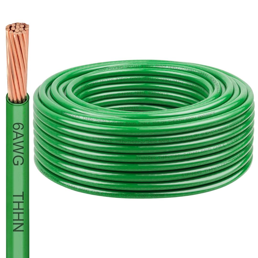 6 AWG THHN Stranded Bare Copper Wire 100FT Green Grounding Wire, Electrical Wire, 600V Rated Building Wire, Ideal for Panel Wiring, Grounding, Lighting Circuits, Control Systems