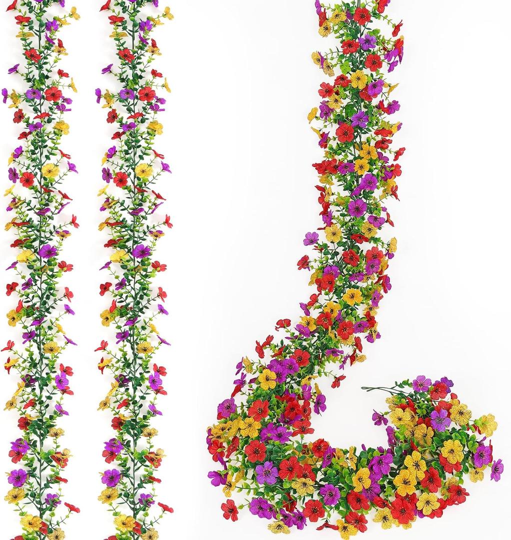 2 Pack Artificial Daisy Flower Garland,5.9FT UV Resistant Fake Floral Vine Silk Hanging Spring Summer Wild Flower Garland for Home Mantle Garden Wedding Backdrop Decor (Red Yellow Purple)