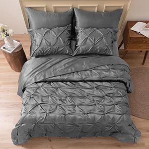 MR&HM Satin Comforter King 7 Pieces - Luxurious Pinch Pleat Bedding Set with Comforter, Flat Sheet, Fitted Sheet, Pillowcases & Shams, Super Silky Soft Bed Set for All Season (King, Dark Grey)