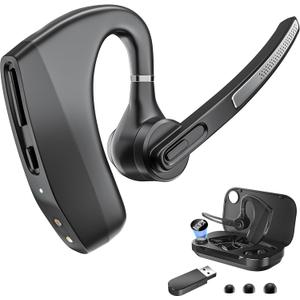 Bluetooth Headset Wireless Earpiece with 450mAh Charging Case USB Dongle Noise Canceling Mic for PC Computer, Laptop, Cell Phones, Remote Work, Call Center, Trucker Work, Business