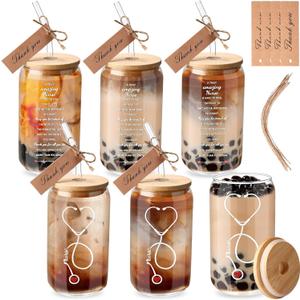 Skylety 6 Sets Nurse Gifts for Women 16 oz Can Shaped Glass Cup with Lid and Straw Thank You Tag Nurse Week Appreciation Gift for Graduation Nurse's Day Birthday School Supplies
