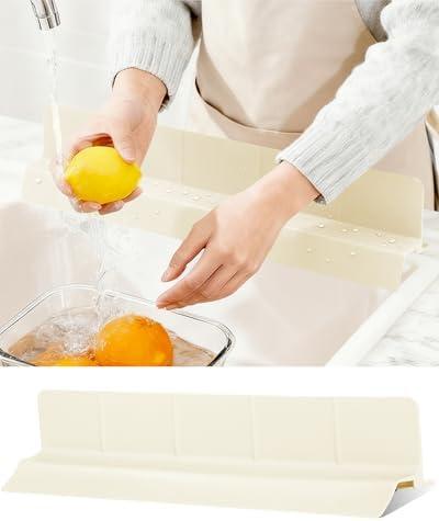 Akrelyan Kitchen Sink Splash Guard 23" 18" 30" Self-Draining Silicone Water Guard with High Splash Wall & Strong Suction Cups for Faucet, Countertop & Sink Edge, Keeps Sinks Dry, Dishwasher Safe,Cream