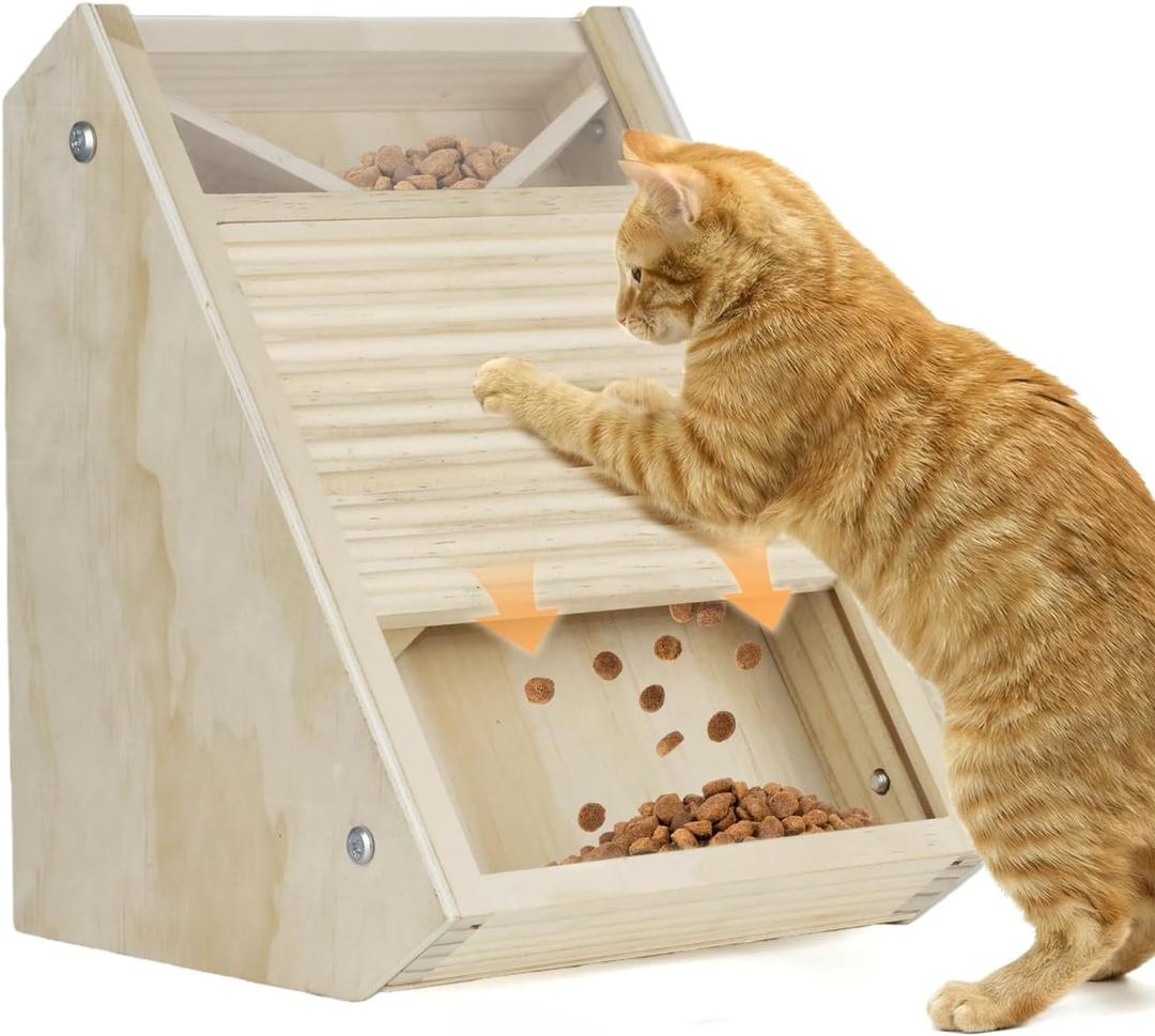 Interactive Cat Treat Toy Wooden Food Dispensing Cat Toy for Indoor Cats, Paw-Activated Reward Feeder, Cat Enrichment & Puzzle Toy for Mental Stimulation (Pine)