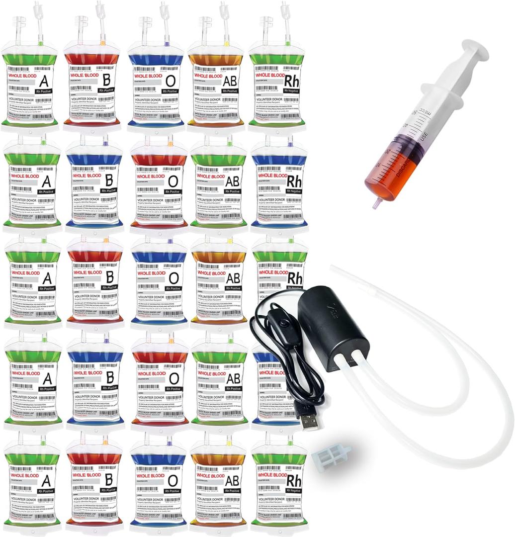 WYNK Halloween Party Decorations Supplies Halloween Blood Bags for Drink Pouches Reusable IV Bags for Drink Fill by Pump, Nurse Graduation Party PropsVampire Themed Birthday Party Decor (25 Pack) (25 bags/labels/clips +1Pump +1 syringe)