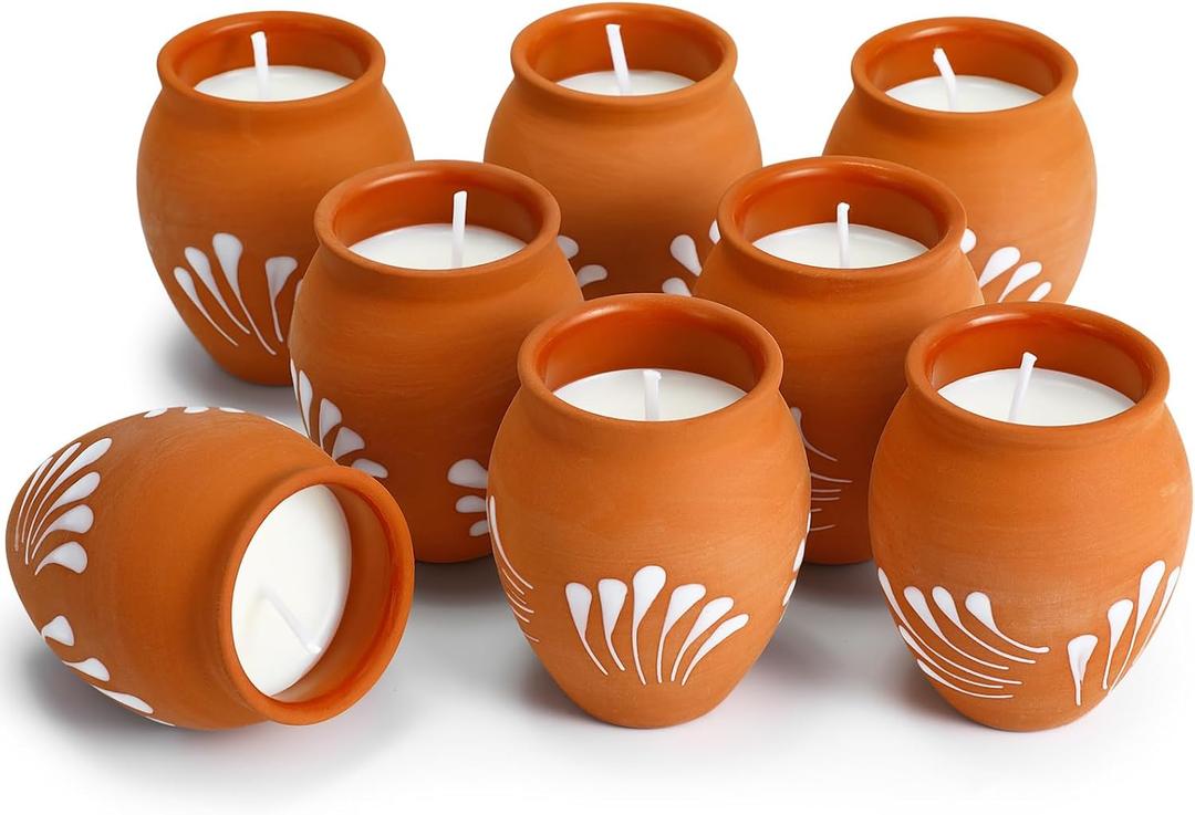 Nuanchu 12 Pcs Cantaritos De Barro Mexicanos Candles Mini 2 oz Mexican Candles Decorative Terracotta Clay Pottery Decorations Mexicanos Gifts for Cinco De Mayo Party Decorations(Elegant)