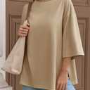 Fisoew Womens Oversized T Shirts Casual 3/4 Sleeve Side Slit Workout Gym Loose Fit Summer Tee Tunic Tops Apricot (Beige, S)