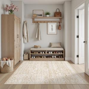 Soalmost Area Rugs 4x6 for Living Room, Neutral Washable Rugs for Dining Room, Entryway, Kitchen, Floral Vintage Non-Slip Area Rug Farmhouse 4'x6' Beige