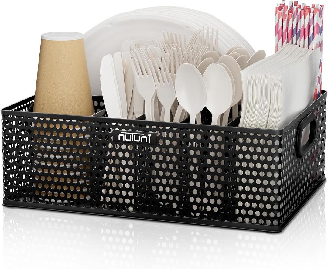 Paper Plate Organizer for Countertop, Perforated Metal Silverware Caddy for Plastic Spoon, Napkin, Utensils Holder with 6 Compartments for Party, Camping, Picnic