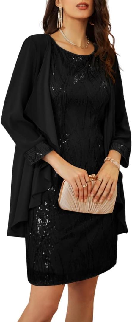 GRACE KARIN Women's Sequin Dress Wedding Guest Dresses Mother of the Bride Dresses Formal Dress Two Piece Dress Knee Length (X-Large, Black)