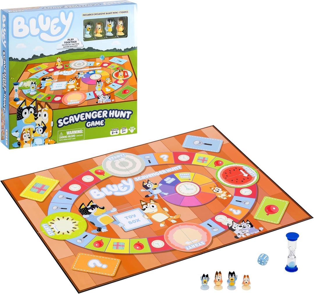 Bluey Scavenger Hunt Board Game, Cooperative Play with 4 Exclusive Mini-Figures, Learning Toys for 5+ Year Old, Fun Toy Token Collecting Game