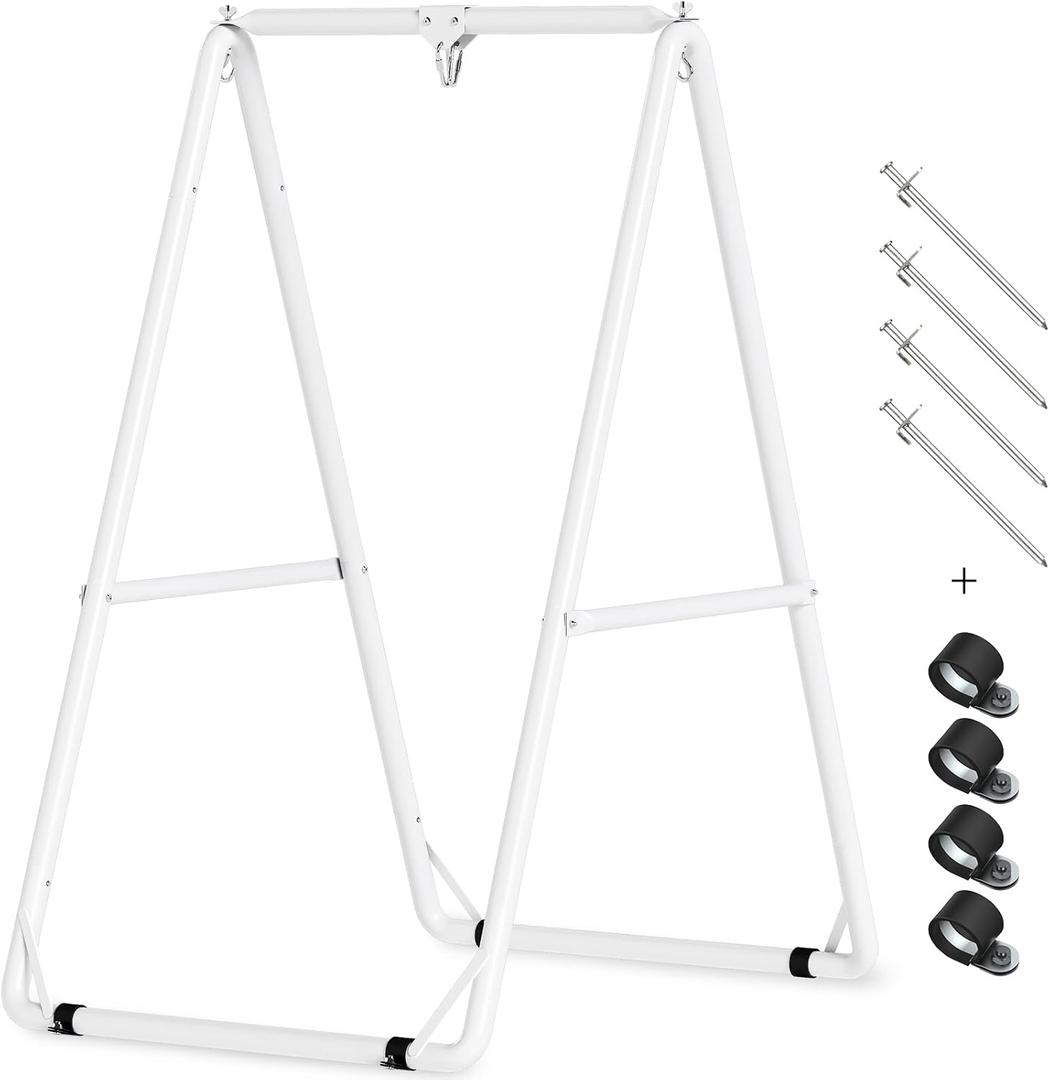 GREENSTELL Hammock Chair Stand, Swing Stand with 3 Hooks, Ground Nails for Outdoor and Rubber Clamps for Indoor, Hanging Stand Only Max Load 500lbs, Swing Chair not Include, White