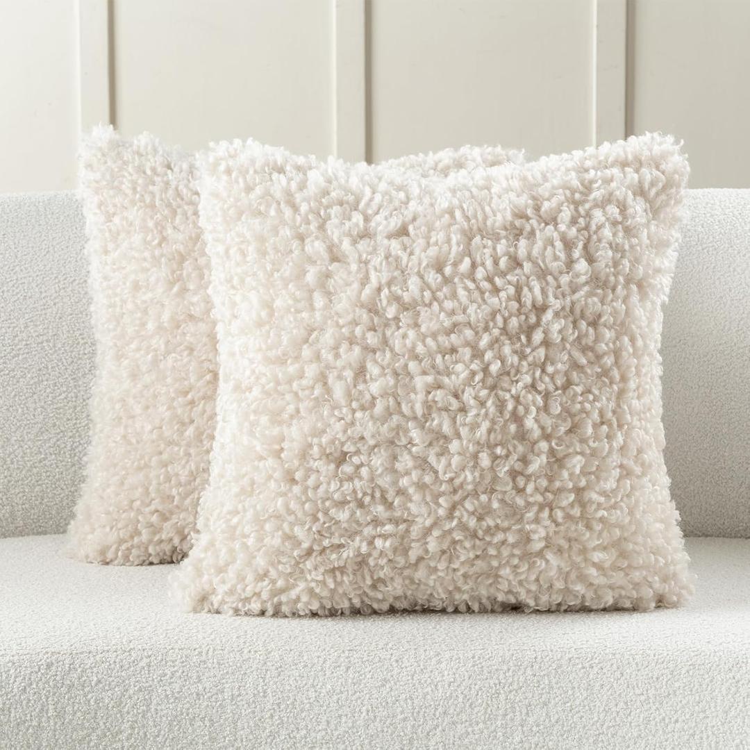 FUTEI Pack of 2 Decorative Throw Pillow Covers 20x20 Inch,Soft Fluffy Faux Wool Fur Boucle Textured Cushion Case,Modern Home Decor for Couch Bed Living Room Office,Beige