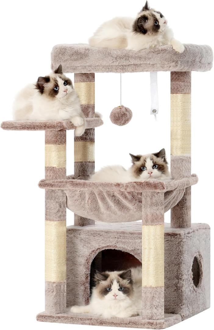 Heybly Cat Tree, Kitten Tower with Large Soft Cat Basket, Cat Condo with Spacious Cat Bed Cave with Hidden Space, Sisal-Covered Scratching Posts, Dangling Ball for Indoor Cats, Muchroom HCT008SMU