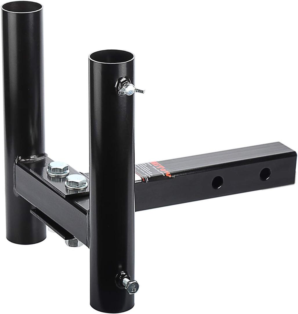 Dual Hitch Flag Mount Holder, 2" Hitch Receiver, Black Powder Coated Steel, 8.5" or 11.5" Length, 2 Positions, Adjustable Thumbscrew, Holds Flagpoles Up to 2" Diameter