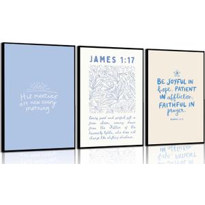 EDZQWLQI 3Pcs Bible Verse Wall Art Blue Christian Scripture Paintings Pictures Wall Decor Religion Belief Poster Printing Artwork for Living Room Bedroom Home Decoration 16x24in frame
