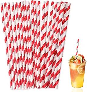 Lives on Green Disposable 7.75 inch Red White Striped Paper Straws Biodegradable 100 Counts - for Drinking, Cocktail, Decoration, Party, Crafts