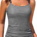 Tankini Tops for Women 2025 - Tummy Control Swim Top Only Modest Bathing Suit Top Swimsuit Top No Bottom (Large, Black Striped)