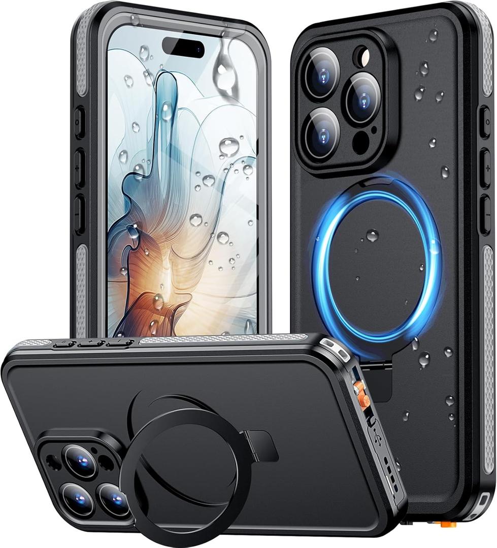 Temdan Magnetic for iPhone 16 Pro Max Case Waterproof, [Built-in Ring Invisible Stand & Screen Protector][IP68 Underwater][Dropproof][Dustproof][Real 360] Shockproof Protective Phone Case 6.9'' -Grey
