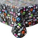 Newbridge Halloween Party Ghosts and Bats 52 x 70 Inch Rectangle Vinyl Tablecloth with Flannel Backing, Spooky Black Ghost and Bat Print, Easy Care Wipe Clean Table Cover