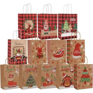 CSYY Xmas Kraft Gift Bags, 12 PCS Christmas Paper Bag with Handle, Party Bags for Present, Xmas Paper Party Favor Gift Bags for Christmas Supplies(21 x 15 x 8 cm)