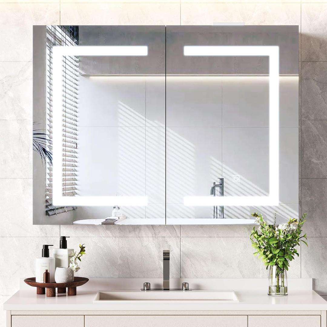 Snughome Bathroom Medicine Cabinet with Mirror & LED Lights, Wall Mount Bathroom Mirror with Storage, Built-in Power Outlets, Dimmable 3 Color Temp, Anti Rust Easy to Install, 31.5" x 23.6"
