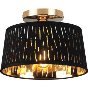 Modern Ceiling Light Fixture, 10 Inch Semi Flush Mount Lamp with Black Cut-Out Linen Shade, E26 Base, Gold for Kitchen Bedroom Hallway Closet Entryway Room Small Spaces