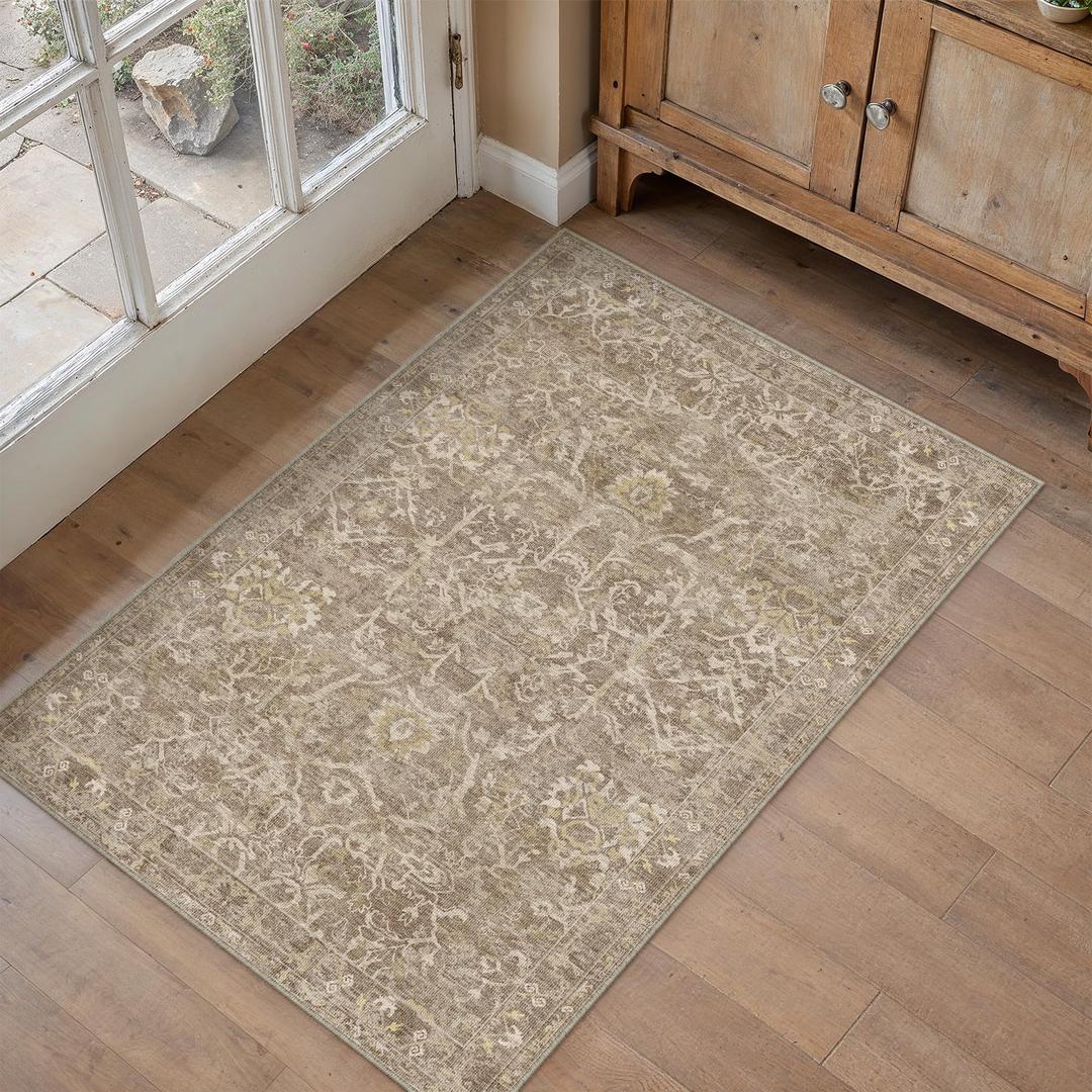 HUGEAR 3x8 Light Brown Vintage Floral Washable Runner Rug for Hallway