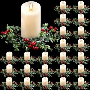 Lyrow 24 Pcs Christmas Candle Rings Wreaths Mini Artificial Garland for Kitchen Cabinet Red Berries Pine Snowy Xmas Holder for Pillars Rustic Centerpiece Table Chandelier Decor(Elegant)