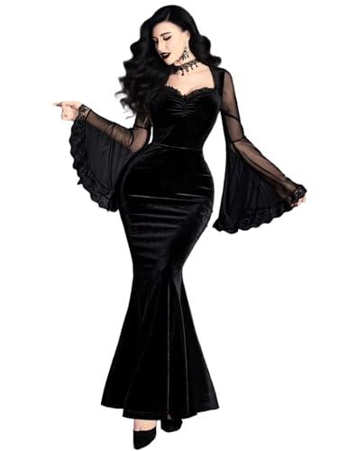 GothDark Womens Goth Dress Black Velvet Mermaid Mesh Bell Sleeve Lace Trim Sexy Vintage Cosplay Halloween Costumes M