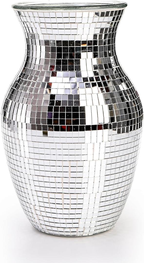 SOUJOY Disco Vase, Silver Mosaic Mirror Vase for Centerpiece, Handmade Glass Bud Vase for Wedding Flower Arrangeme, Living Room, Kitchen, Home Decor