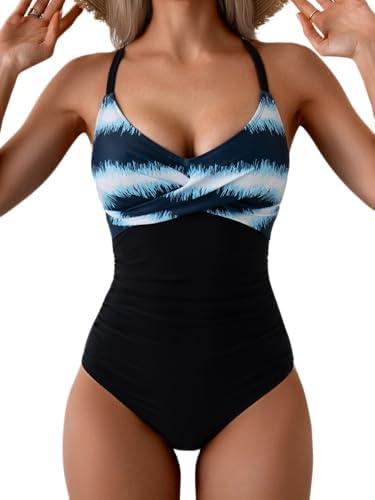 B2prity Women's One Piece Swimsuits Tummy Control Front Cross Bathing Suits Tie Back Slimming V Neck Swimwear, Size: L