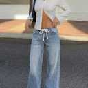ELLEVEN Womens Low Rise Baggy Jeans, Casual Drawstring Wide Leg Denim Pants with Pockets (Blue)