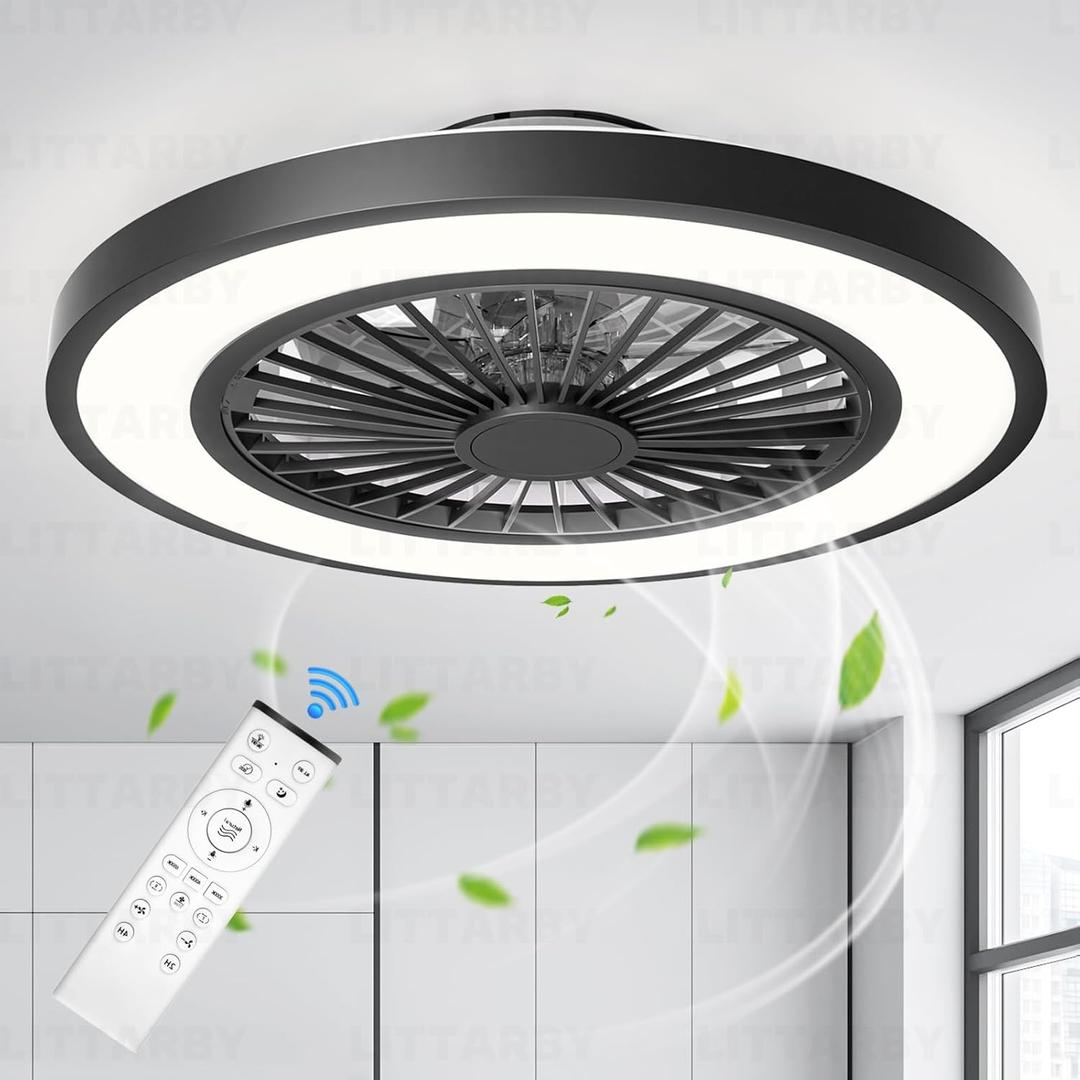 Ceiling Fans with Lights and Remote, 22 Inch Enclosed Bladeless Dimmable Ceiling Fans Flush Mount, Black Modern Low Profile Ceiling Fan with Light for Bedroom, Kitchen, Living Room, Dining Room, 23 inch