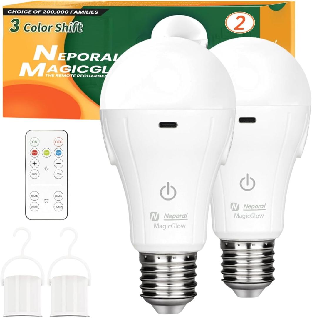 Neporal MagicGlow Rechargeable Light Bulbs with Remote, 3 Colors Shift + Dimmable Battery Powered Light Bulbs, USB Rechargeable, A19 Standard Emergency LED Light Bulbs, 15W, Up to 24 Hours, 2 Pack