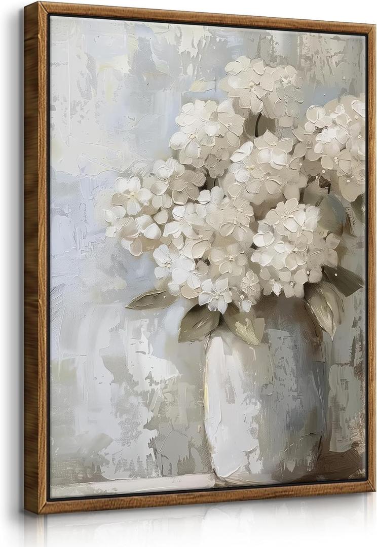 QWETTY666 Framed White Hydrangea Bathroom Wall Art Farmhouse Vintage Floral Canvas Paintings Prints Flowers Botanical Picture for Living Room Wall Decoration 16x24in Ready to Hang