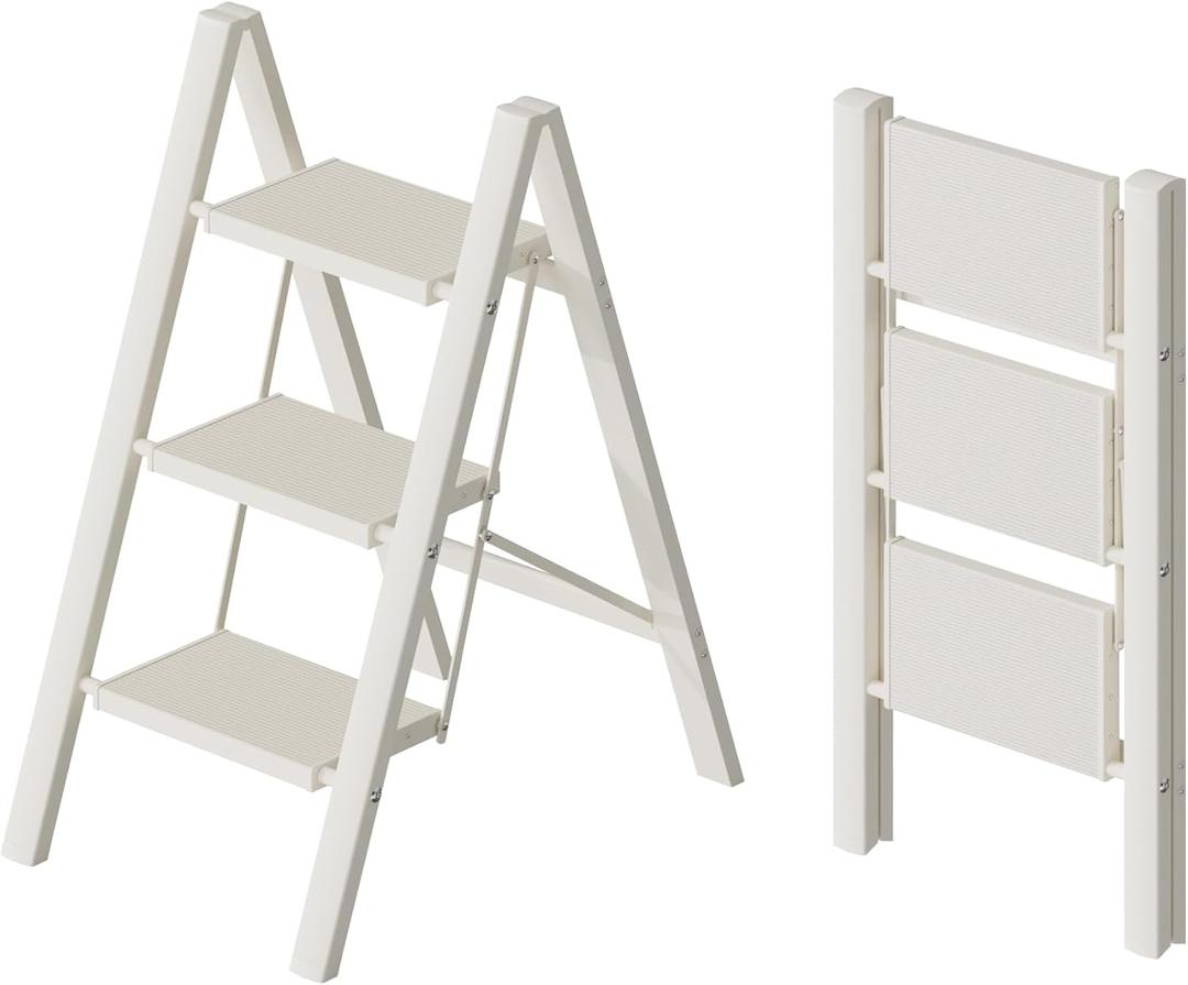 HillhutApex 3 Step Ladder, Lightweight Portable 3 Step Stool with Anti-Slip Wide Pedal, 330lbs Capacity Aluminum Ladder for Household, Office, Kitchen (White)