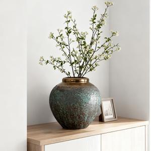 Ceramic Flower Vase, Rustic Farmhouse Flower Vase with Bronze Rim