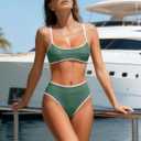 High-Waisted Bikini Set for Women Two Piece Adjustable Spaghetti Straps Bathing Suit Color Block Swimsuit Swimwear (S, Army Green)