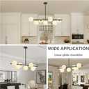 7 Lights Black Linear Globe Chandeliers, Mid Century Modern Chandelier with Milk Glass Shade for Dinning Room, Sputnik Ceiling Light Fixtures Over for Kitchen, Pendant Lights for Living Room