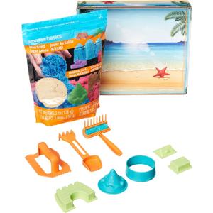 Amazon Basics 3lbs Moldable Sensory Play Sand with Castle Molds and Tool Set, for Kids Ages 3 and Up, Medium, Natural Sand, 11 Count (Pack of 1)