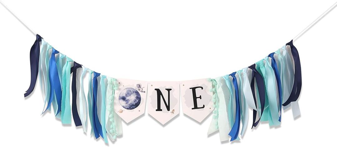 Outer Space Planets High Chair Banner - Astronaut Rocket 1st Birthday Boy High Chair ONE Banner - First Trip Around the Sun Party Decor (OUTER SPACE HF)