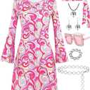 Hippie Costume for Women 60s 70s Disco Dress Outfits Peace Sign Necklace Earrings Sunglass Accessories Set, Size S