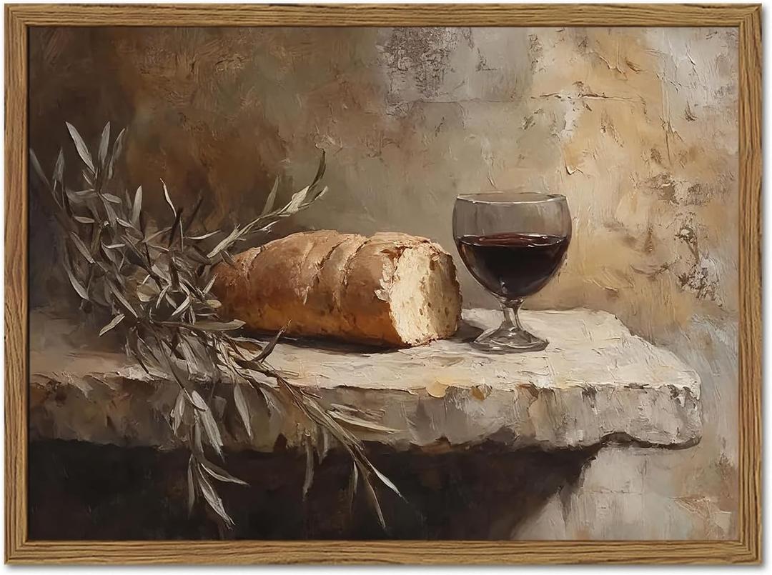 Christian Kitchen Communion Still Life Wall Art Bread and Wine Religion Wall Decor Painting Last Supper Dining Room Poster Canvas Print Cuadro Para Comedor for Farmhouse 16x24 inch Wood Framed