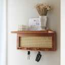 PE Rattan Key Holder with 4 Key Hooks ,Wall Mounted Decorative Floating Shelf for Entryway,Nursery,Mudroom, Hallway, Office (Retro Brown)