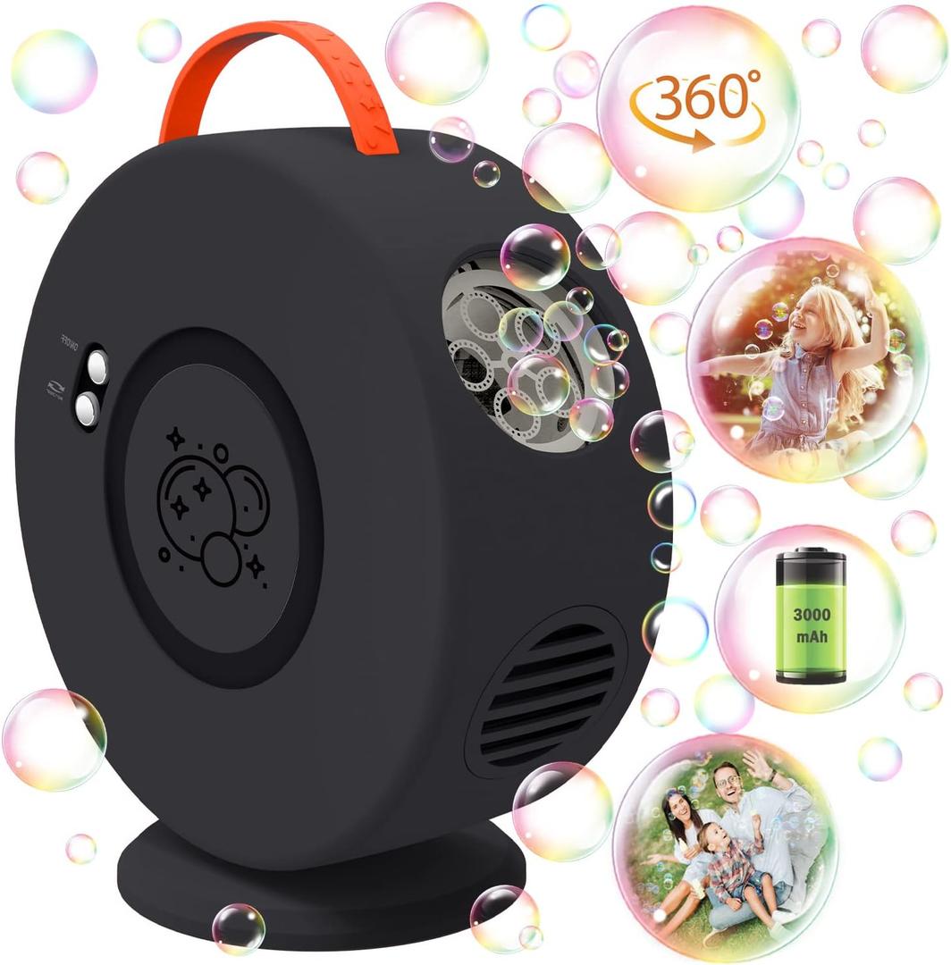 Bubble Machine Automatic Bubble Blower for Kids Toddlers Rechargeable Battery Portable Bubble Maker Electric Bubble Machine Auto Rotating 90/360 Outdoor Toy for Birthday Party Wedding (Black)