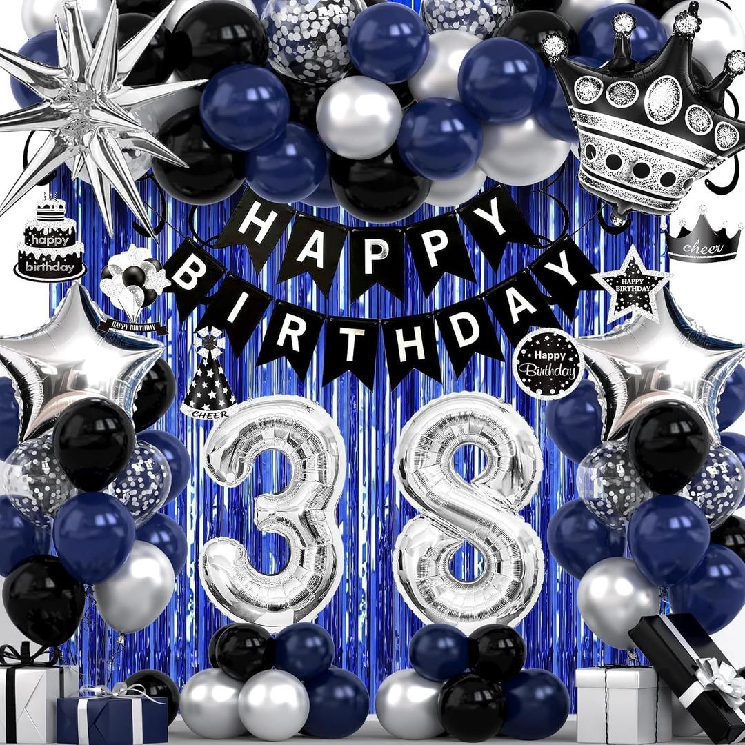 38th Birthday Decorations for Men and Women, Black Blue Silver Happy Birthday Number 38 Balloons, Banner, Fringe Curtains Garland Kit - 38 Year Old Party Supplies